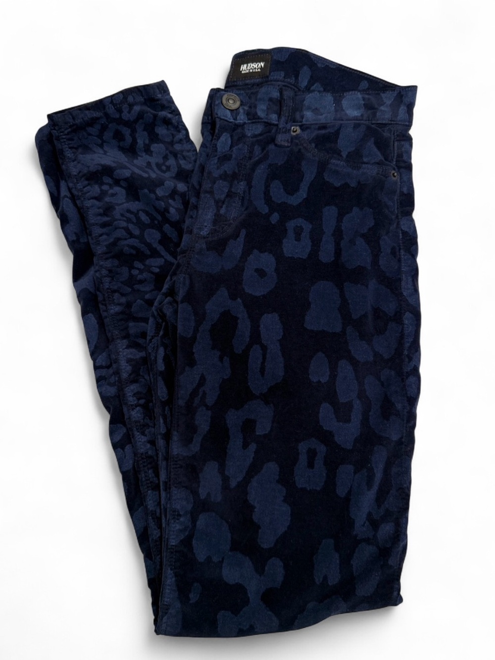 Hudson Jeans Nico Midrise Super Skinny Velvet Animal Print Navy Blue Size 27